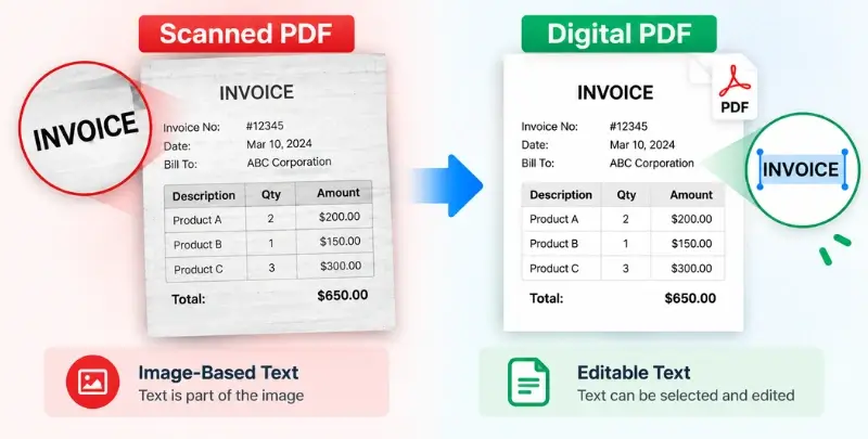 Comparison of scanned PDF and digital PDF text